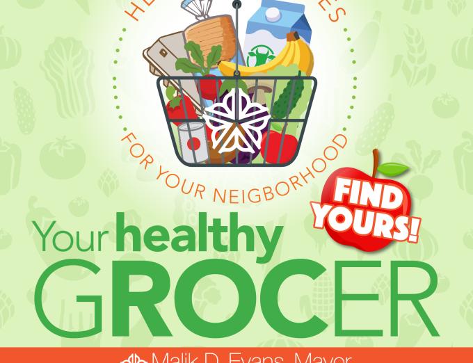 A square graphic for the City of Rochester's Healthy ROC Grocer campaign.