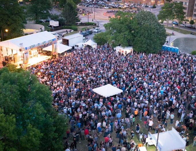 Aerial photograph of the crowd at a Party in the Park concert.