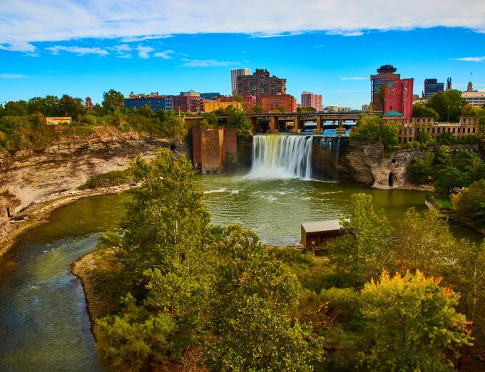 Aerial photo of HIgh Falls in Rochester, New York.