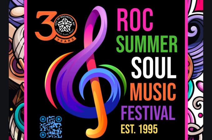 Vertical poster for ROC Summer Soul Festival 2025.