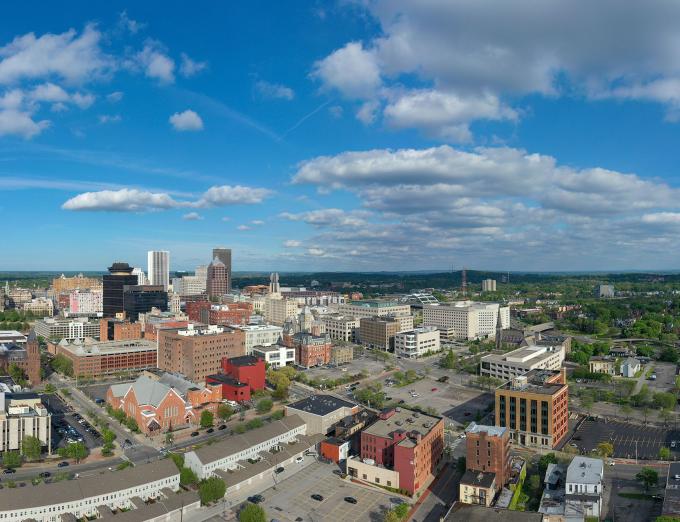 Aerial panorama photo of downtown Rochester