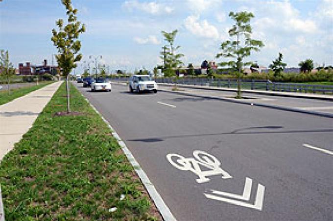 Photo of a "sharrow" bike lane in Rochester.